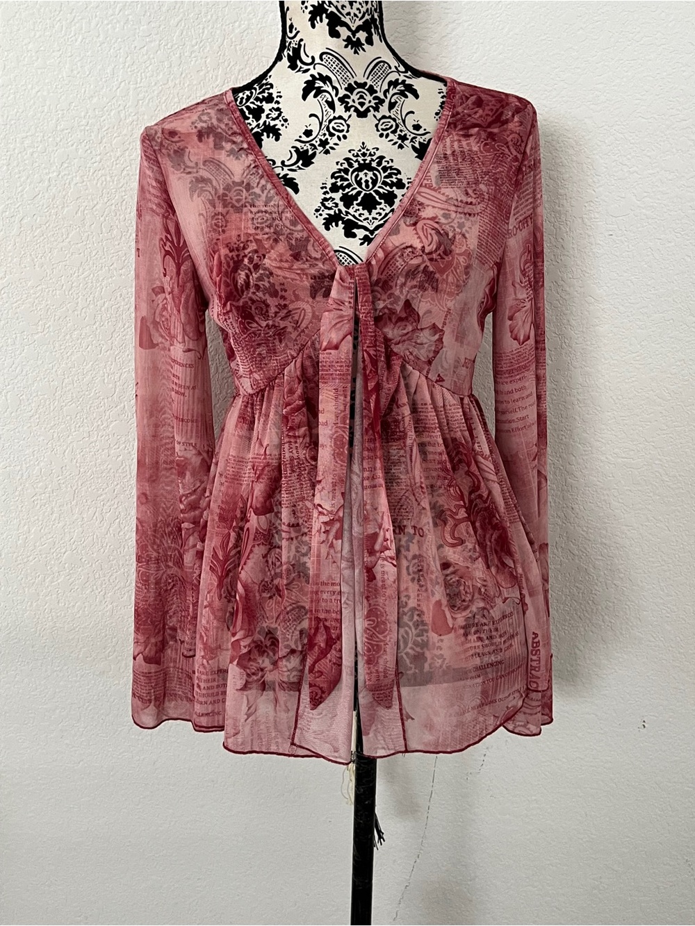 SHEIN Size L Pink Rose Newspaper Print Sheer Mesh Tie Front Top - Picture 1 of 8
